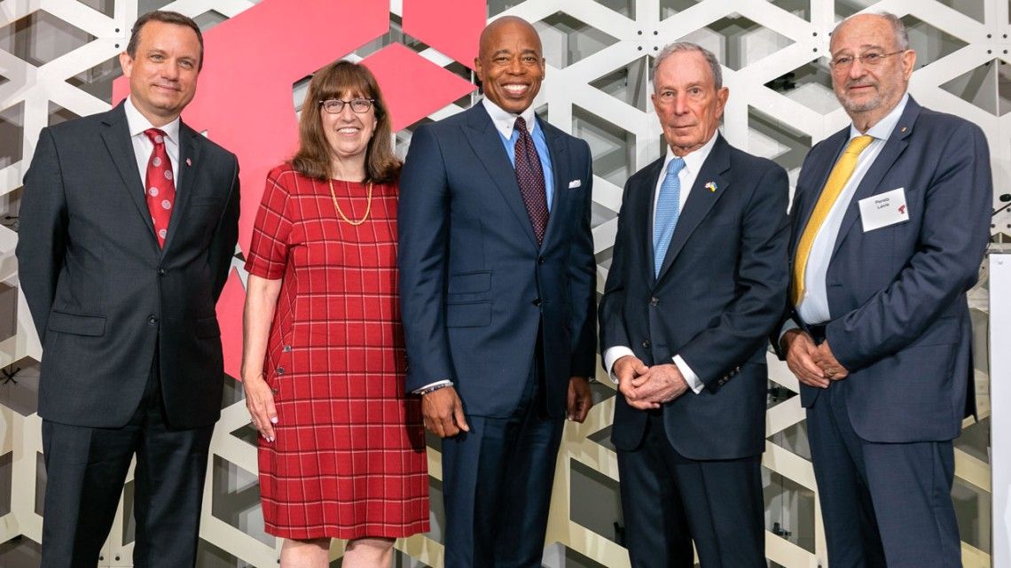 Dean Greg Morrisett (left) helped convene a group of academics and business leaders at the celebration that included Cornell President Martha E. Pollack, New York City Mayor Eric Adams, former Mayor Michael Bloomberg, and former Technion President Peretz Dean Greg Morrisett (left) helped convene a group of academics and business leaders at the celebration that included Cornell President Martha E. Pollack, New York City Mayor Eric Adams, former Mayor Michael Bloomberg, and former Technion President Peretz