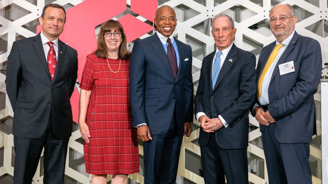 Dean Greg Morrisett (left) helped convene a group of academics and business leaders at the celebration that included Cornell President Martha E. Pollack, New York City Mayor Eric Adams, former Mayor Michael Bloomberg, and former Technion President Peretz 