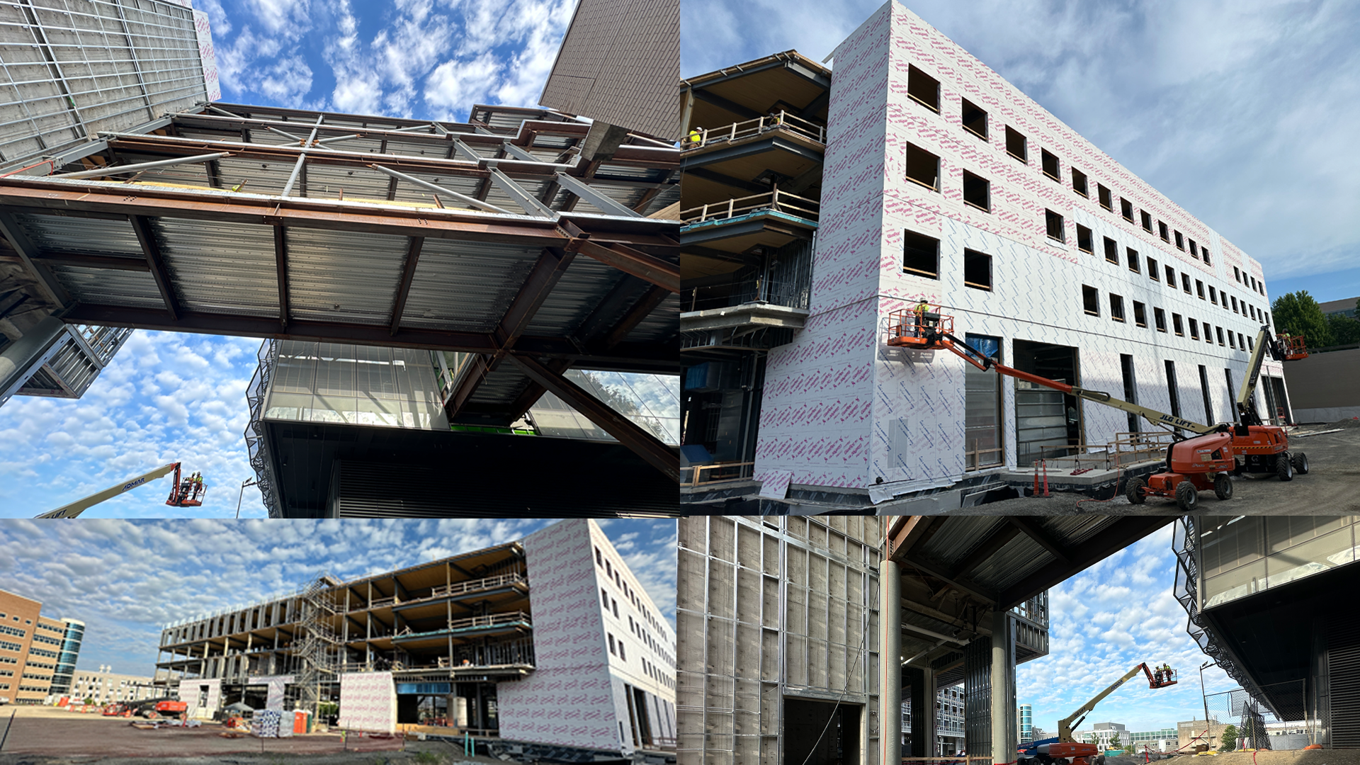 A photo collage showing the progress on Cornell Bowers CIS' new building