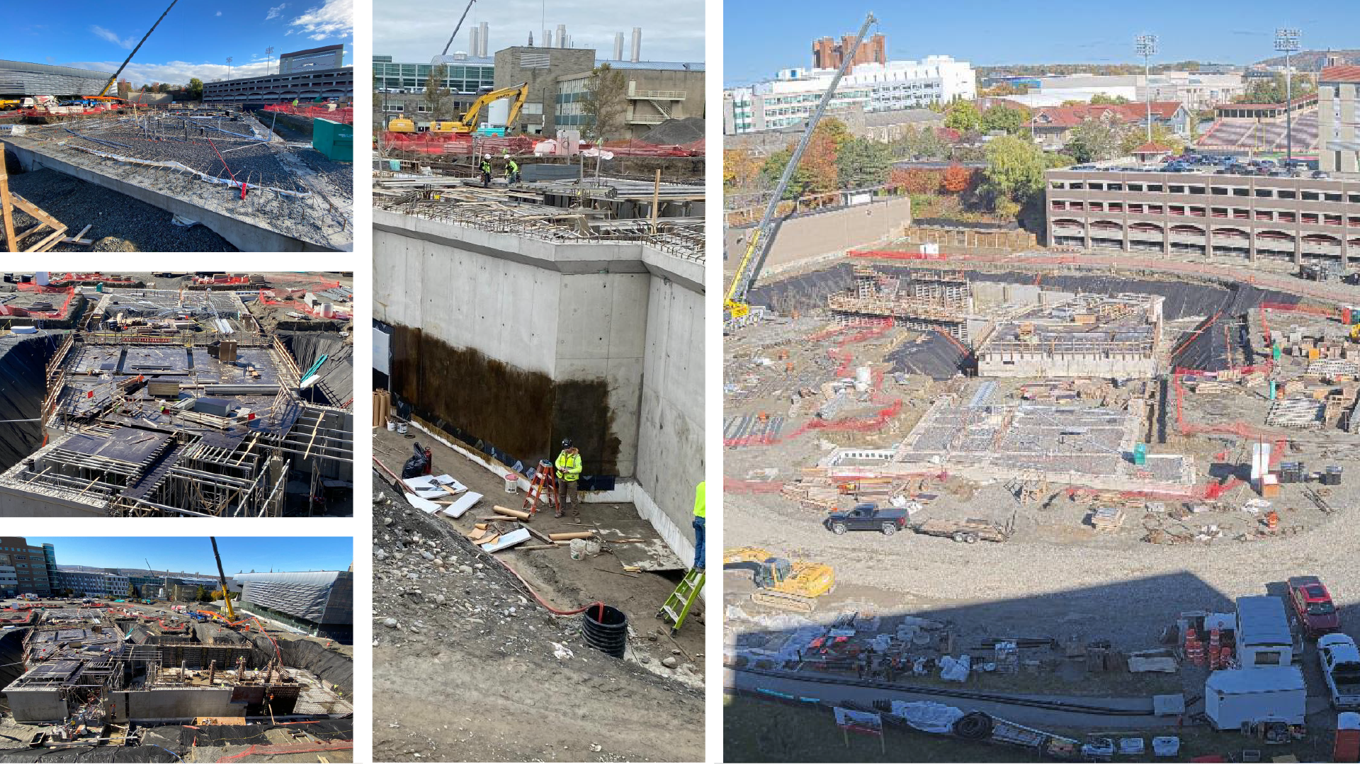 A photo collage showing photos of the construction being done on the new building for Bowers CIS