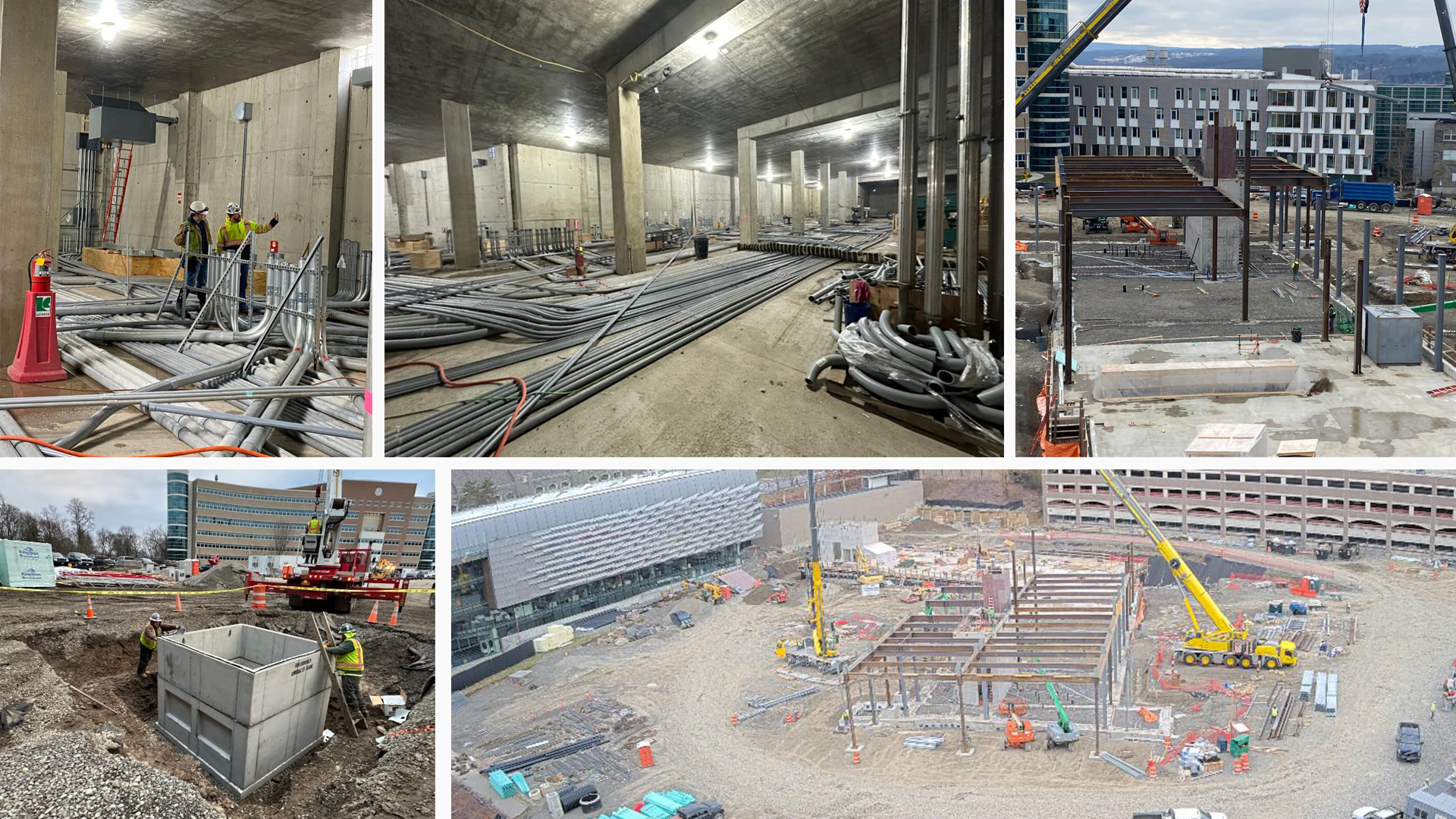 A photo collage showing progress on the new building for Cornell Bowers CIS