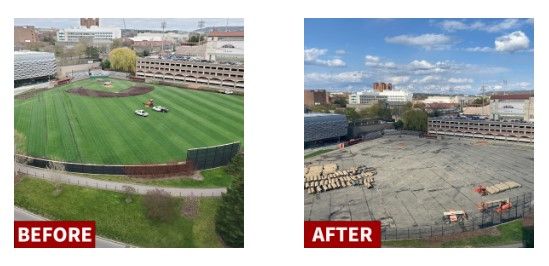 Building construction update May 1 2023. Sky view of the work being down to remove the baseball field and construct a new building.