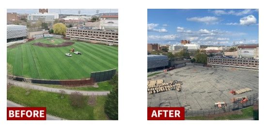 Sky view of the work being down to remove the baseball field and construct a new building.