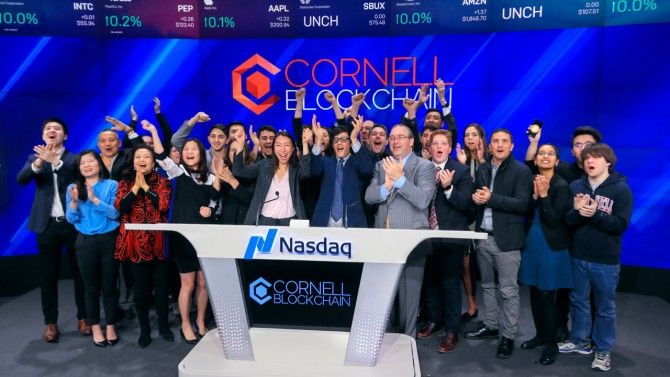 Cornell Blockchain members ring the opening bell at the Nasdaq Stock Market in April 2019. Libby Greene/Nasdaq Cornell Blockchain members ring the opening bell at the Nasdaq Stock Market in April 2019. Libby Greene/Nasdaq