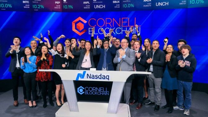 Cornell Blockchain members ring the opening bell at the Nasdaq Stock Market in April 2019. Libby Greene/Nasdaq