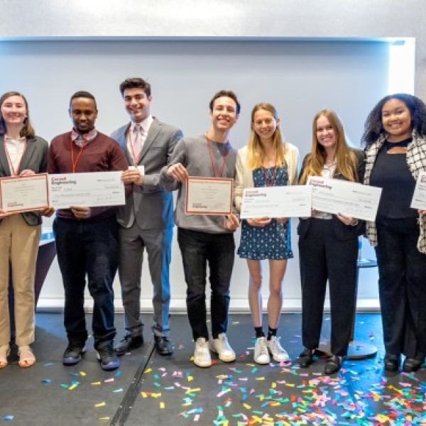A color photo showing the winners of the College’s Engineering Innovation Competition.