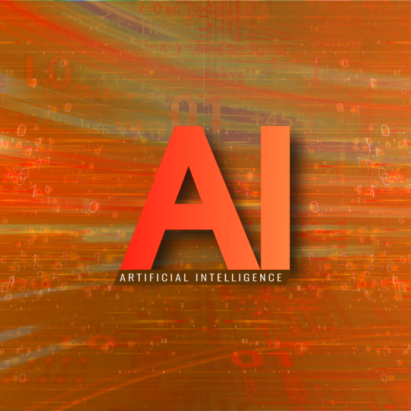A color graphic with the text "Artificial Intelligence" "AI" with futuristic background