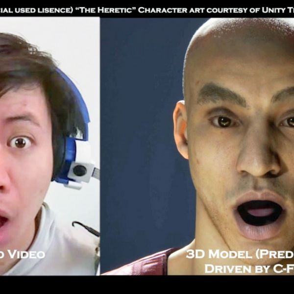 Captured video of a user's facial expression (left), with a 3D model predicted by C-Face.