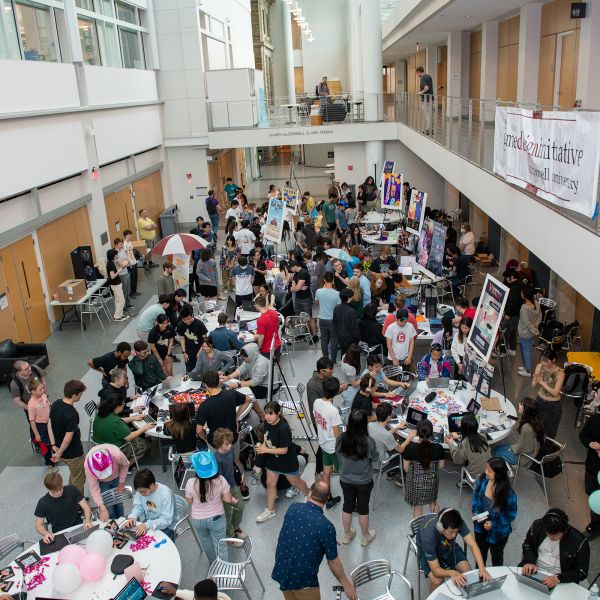 A color photo showing an overhead shot of the 2023 GDIAC Game Design Showcase