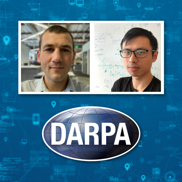 A color graphic showing photos of two men and the DARPA logo