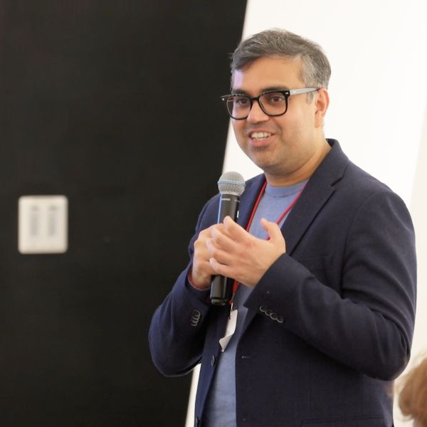 Aditya Vashistha, assistant professor of information science, speaks at a public panel held May 21 in Gates Hall. The panel was the closing event for the three-day “Thought Summit: LLMs and Society.” Photo by Jack Cornelius