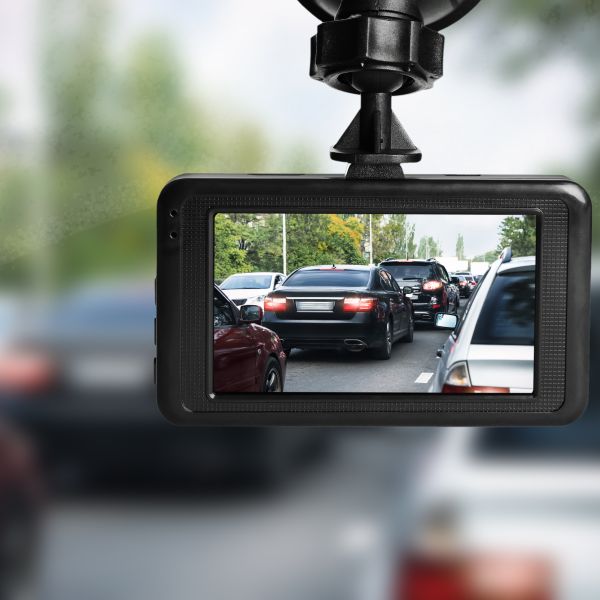 mounted dashboard camera with cars on screen