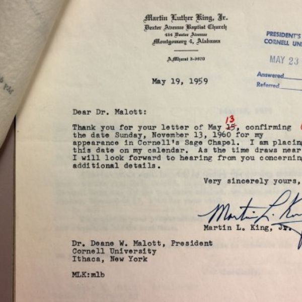 Creduit: Jason Koski/Cornell University Caption: Martin Luther King Jr. made a final confirmation in 1959 that he would visit Cornell the following year, in this letter to Cornell President Deane W. Malott.
