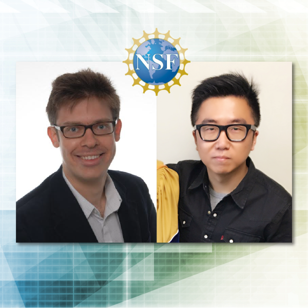 Two color photos of two men with the NSF logo centered above them