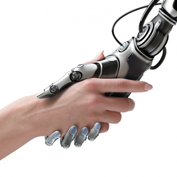 human hand holding a robot hand