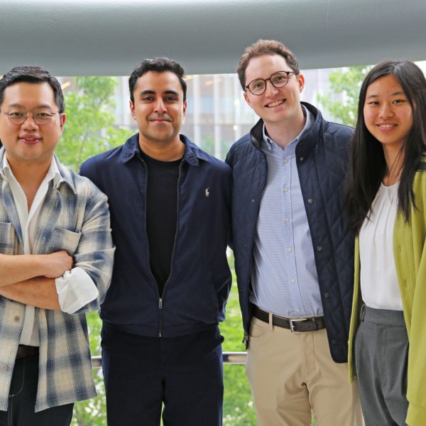 A color photo showing the four members of SAIL's founding team: Chansam Kim, MBA ’25; Salik Tehami, MBA ’25; William J. Reid, Health Tech ’25; and Olivia Mei, Computer Science ’25.
