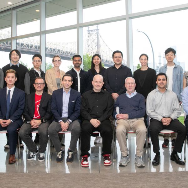 2025 Startup Awards winners with Greg Morrisett, Dean and Vice Provost of Cornell Tech; Andrew Ross Sorkin ’99; Josh Hartmann, Chief Practice Officer of Cornell Tech; and Cornell President Michael Kotlikoff (Provided)