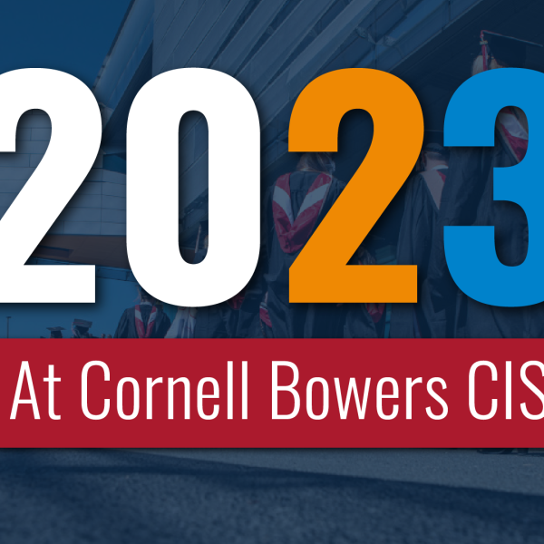 The text "2023 At Cornell Bowers CIS" overlaying a blue background - YouTube link