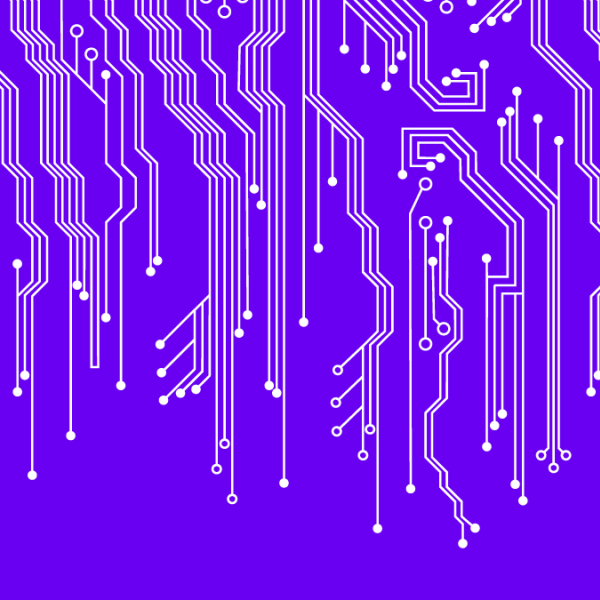 A color graphic with a purple background and white microchip lines