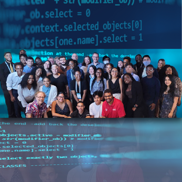 A photo collage of a group of people posing for a photo with computer code in the background