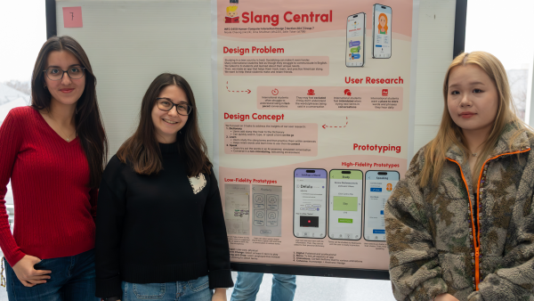 Selin Toker ’26, Dina Shlufman ’27, and Nicole Cheung ’25, present their app prototype, “Slang Central,” during a joint poster session for two human-computer interaction courses in the Physical Sciences Building on Tuesday, Dec. 10. (Photo by Luke Stewart