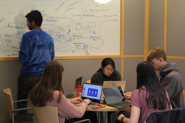 Students chip away at a team project during the Engage to Empower Hackathon held Sept. 30 through Oct.1 in Duffield Hall.