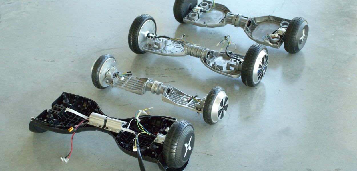 A color photo showing how hoverboard frames vary in style, rigidity and strength across models
