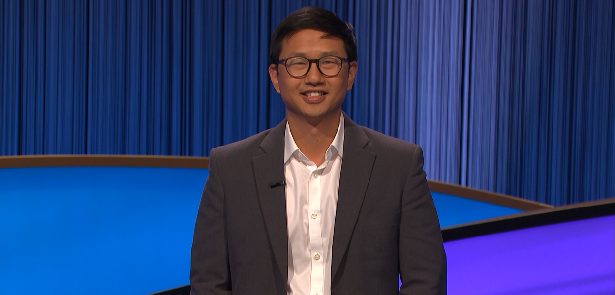 Man smiling at the camera on set of Jeopardy