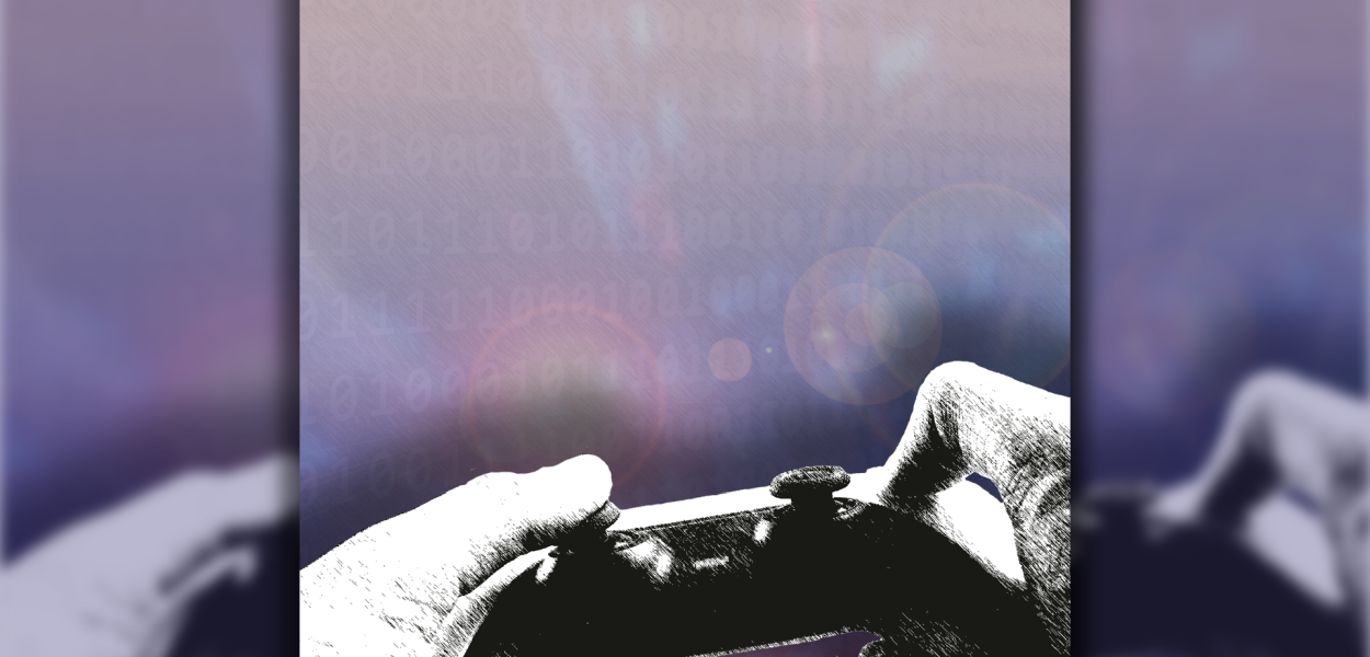 A graphic illustration showing hands using a video game controller