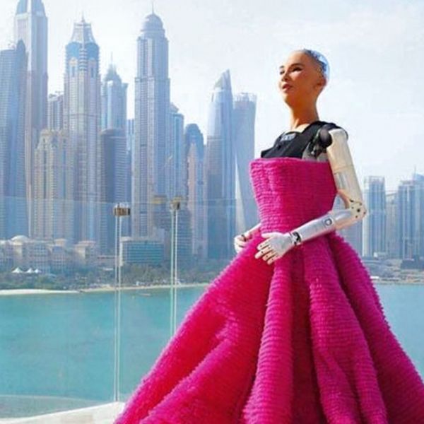 Robot human wearing pink dress
