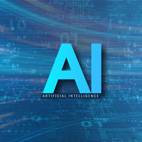 A color graphic with the text "Artificial Intelligence" "AI" with futuristic background