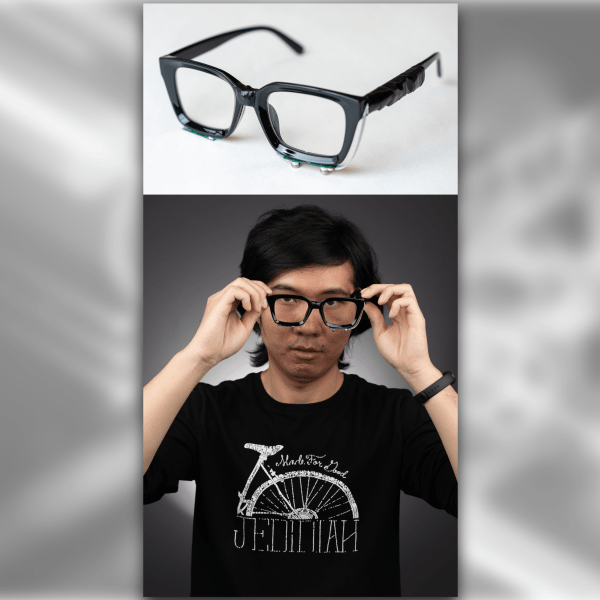 A photo collage showing different angle photos of eye glasses and a man in wearing them