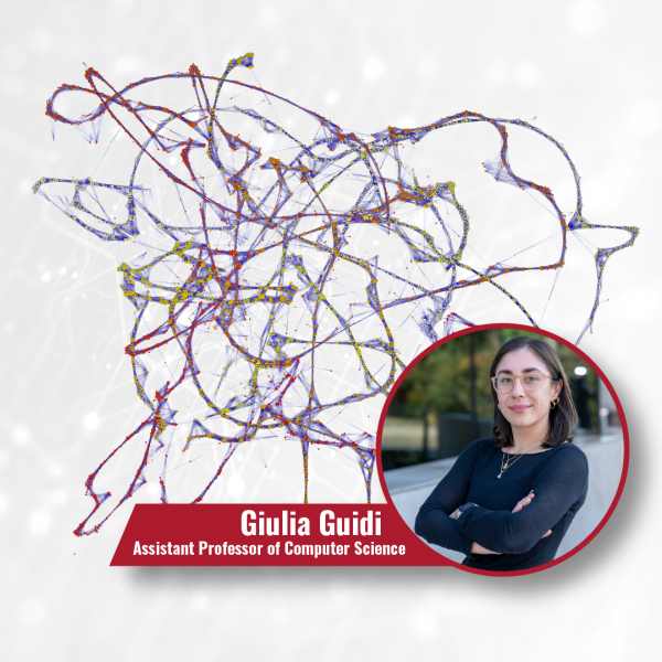 A color graphic showing an image illustrating genomic overlap with a photo of Giulia Guidi.