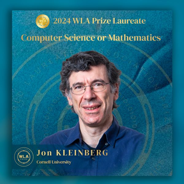 A color graphic recognizing Jon Kleinberg a 2024 WLA Prize Laureate