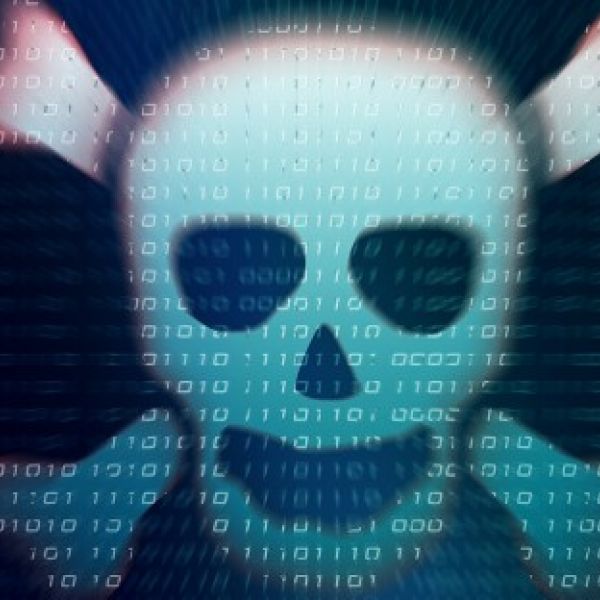 Skull and bones with computer code