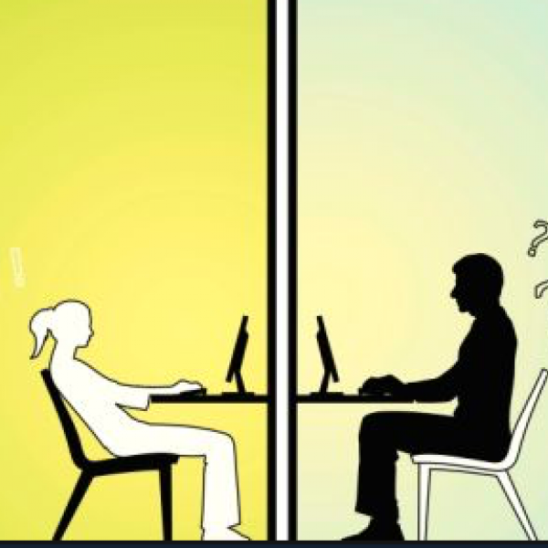 two people at computers debating online