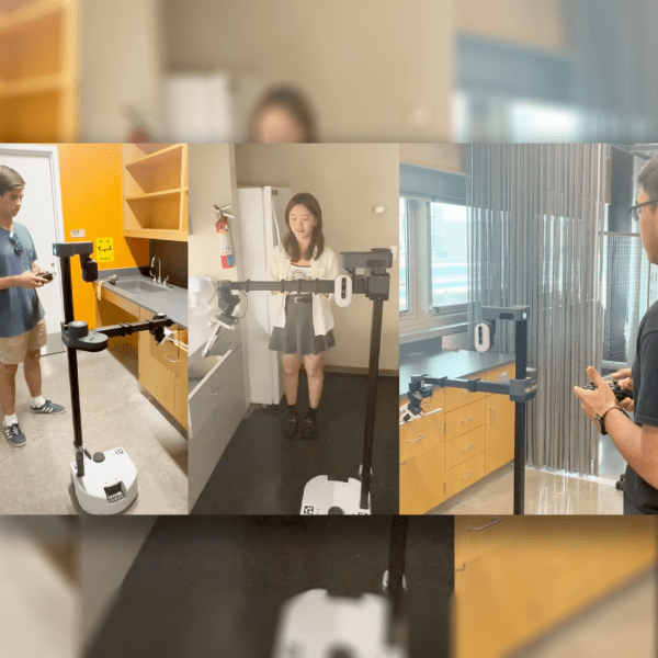 A photo collage of 3 students using slightly different techniques to pull out a drawer using the robot, HAL