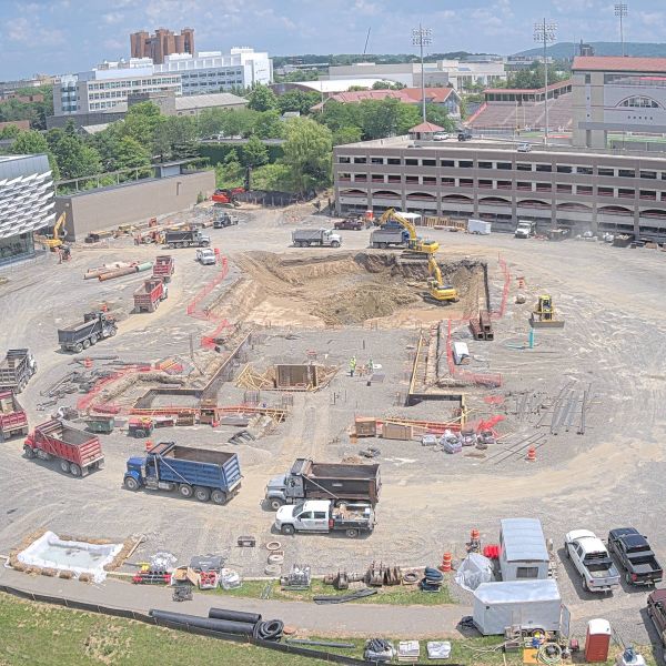 bird's eye view of construction site of the new Bowers CIS building, including various construction vehicles 